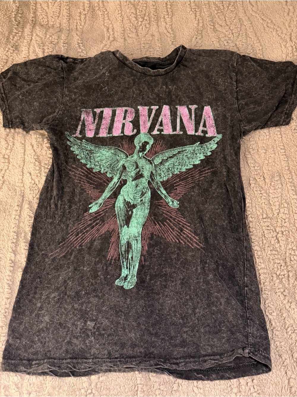NIRVANA Tee with Pink Logo and Mint Angel Graphic size: S